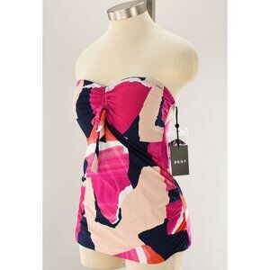 DKNY Women's Strapless Ruched Tankini Swim Top XXL Pink/Navy Abstract